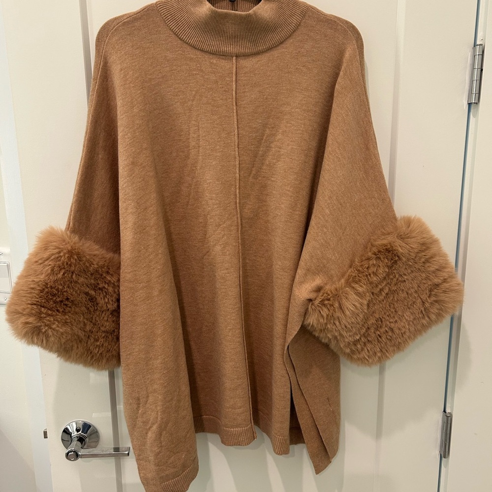 Saks Fifth Avenue Tan Poncho with Faux Fur Trim